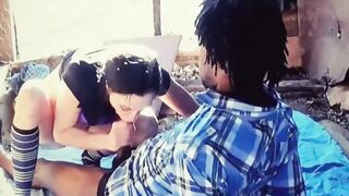 Baise en exterieur et creampie, brune en chaleur avec un etranger noir