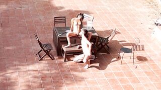 Public Courtyard Blowjob and Fucking with a Hot Brunette Amateur Couple