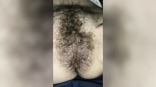 Hairy pussy fingering and cumming with MagicStick, small squirt