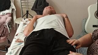 neighbor jerks off and sucks my dick on the massage table and swallows cum