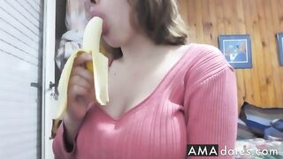 Big-Titted Latina Teen Sucks on Banana Like a Pro
