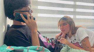 I fuck my stepbrother while he's on call with his girlfriend's cuckold