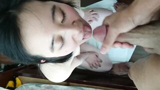 Amateur Asian Girl Gives a Blowjob and Receives a Facial at Home