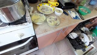 Sexy wife prepares lunch naked in the kitchen