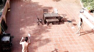 Public Courtyard Blowjob and Fucking with a Hot Brunette Amateur Couple