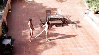 Public Courtyard Blowjob and Fucking with a Hot Brunette Amateur Couple