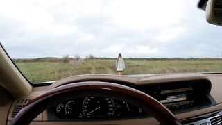 Mature man ties teen and licks her pussy in a car.