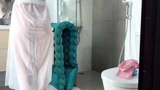 Stepmom Cleans the Bathroom in Her Sheer Dress. Slowly