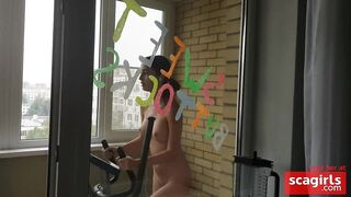 Naked MILF on Exercise Bike, Solo Webcam Footjob