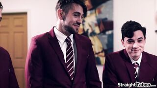 Four college boys team up against their busty milf teacher