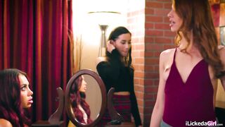 Lesbian babes taking turns pussy licking redhead nerd teen