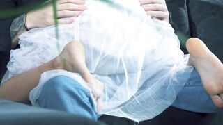 Romantic Asian Blonde MILF's Footjob Delight