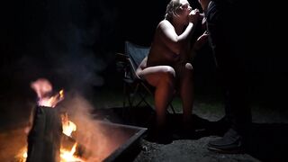 Big-Titted Blonde Blows Cock at Camp
