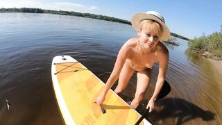 Blonde MILF Plays with Dildo and Gives Blowjob on a SUP Board