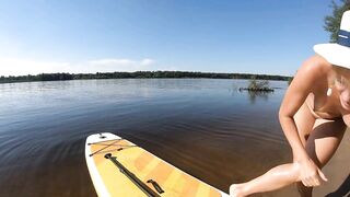 Blonde MILF Plays with Dildo and Gives Blowjob on a SUP Board