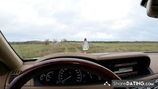 Mature man ties teen and licks her pussy in a car.