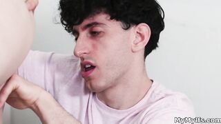 Calming down bullied dude with big tits and free use pussy