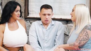 Big tits stepmoms taking turns sucking stepsons big cock