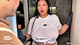 Busty Latina maid has passionate sex with her boss to get a raise - Savannah Watson