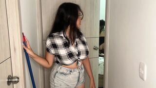 Cleaning girl discovers couple fucking and joins in an amazing threesome