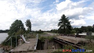 Blonde Babe Strips on the Bridge