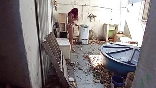 Putting it hot on the cleaning lady in the backyard