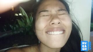 Tiny-titted Asian babe plays with herself outdoors