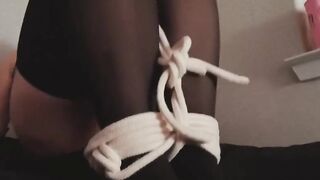 Tying myself up in stockings before my boyfriend for BDSM fun