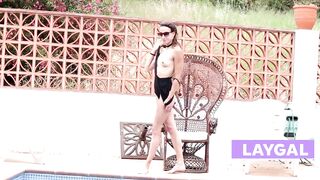 Small-Titted Brunette Amateur Blowjob by the Pool