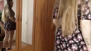 Blonde Russian babe with a big ass fucks in front of a mirror