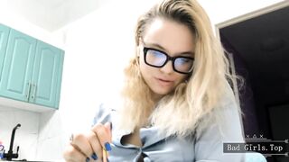Super cute slim big tits blonde teen closeup teasing