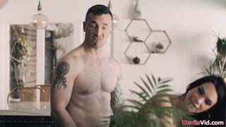 Busty wife and husband inviting stepnephew to have threesome