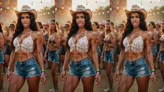 Fit Trans Cowgirl in Fringe Bikini Top Sticking Tongue Out at Festival