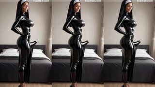 Busty Trans Nun in Skin-Tight Latex Uniform Reveals Her Package
