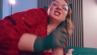 A nasty MILF Mistress fucks her slave while covering his mouth with a black glove, and then milks everything she wants out of him
