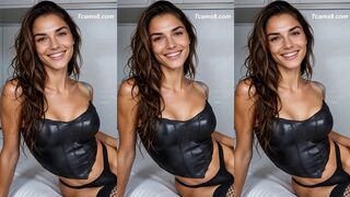 Sexy Transgirl in Black Latex Corset and Fishnet Stockings