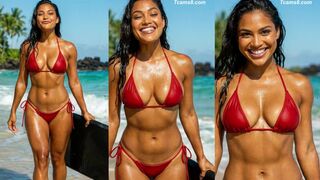 Shemale in Red Bikini Holds Surfboard on the Beach