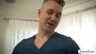 Tattooed Stud Pleases Blonde Shemale