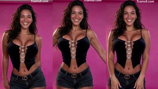 Gorgeous Shemale with Perfect Curves Smiles and Teases in Tiny Shorts