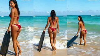 Hot Transgirl with Wet Hair Poses in Red Micro Bikini