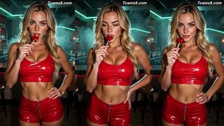 Sexy Blonde Shemale in Tight Red Latex Looks Irresistible