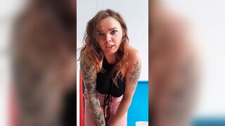 Mom with huge breasts does striptease and dresses in stockings while touching herself.